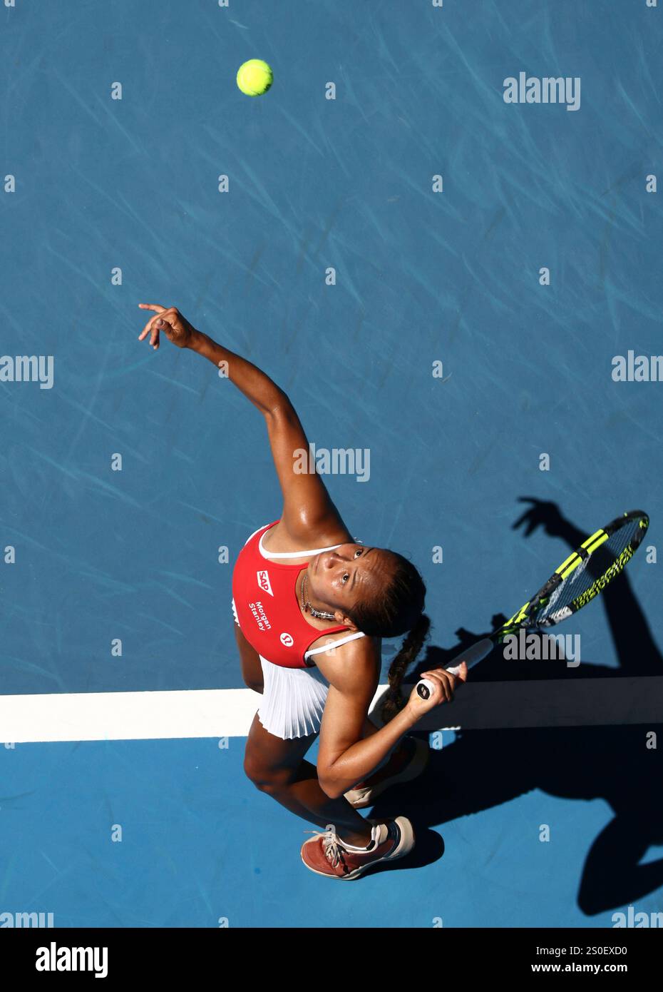 Leylah Fernandez of Canada serves to opponent Donna Vekic of Croatia