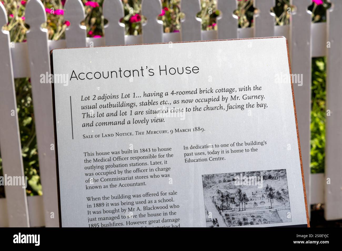 Port Arthur historic site and former penal facility, information sign for the Accountants House, a small cottage property, Tasmania,Australia Stock Photo