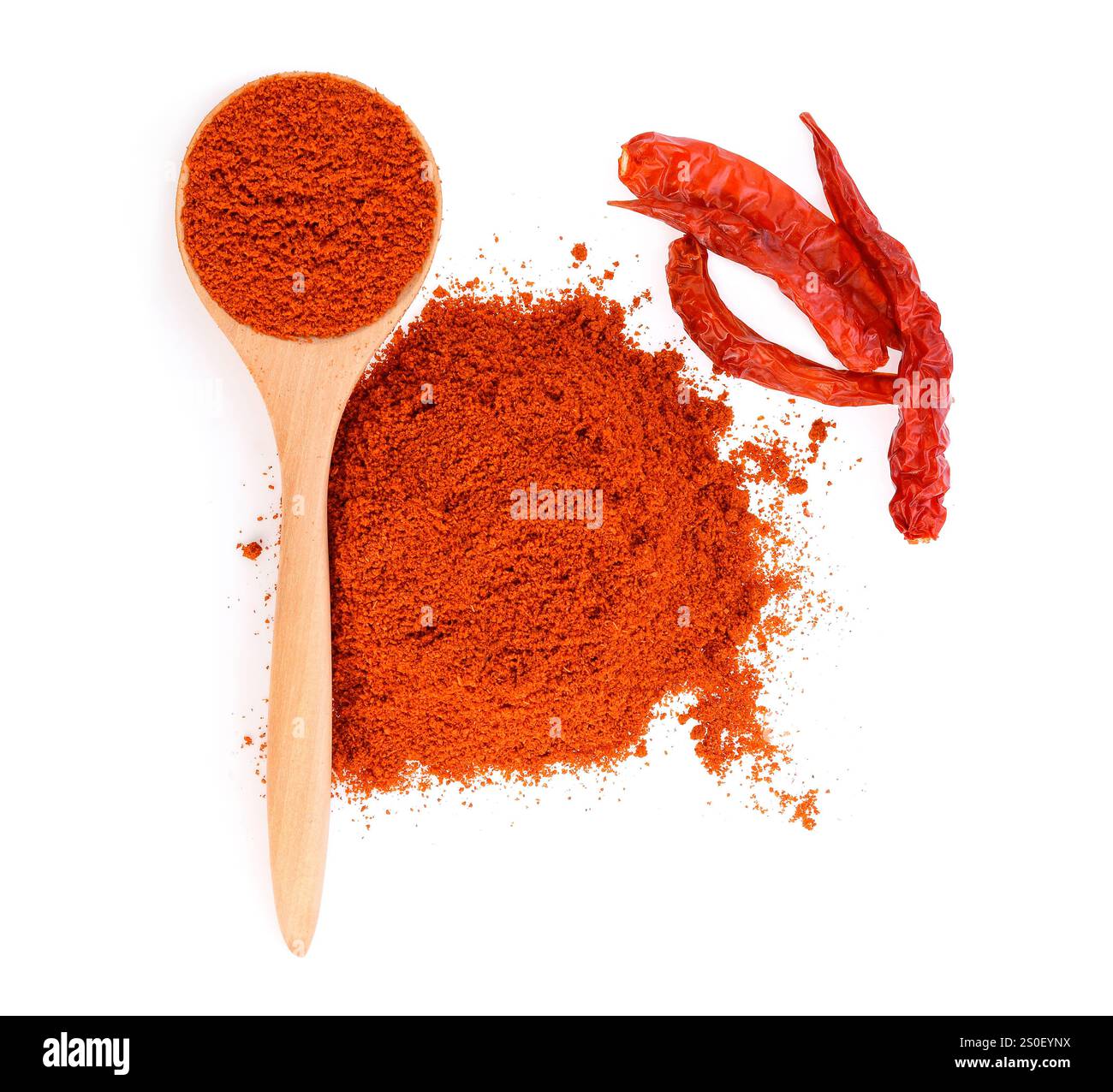Cayenne pepper in wood spoon on white background,Top view Stock Photo ...