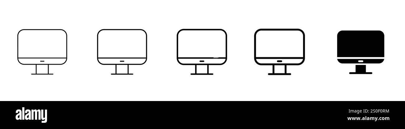 Set of 5 Monitor icon - 1 Silhouette - 1 unexpanded - Paper airplane outline icons depicting flying planes from various angles and directions Stock Vector