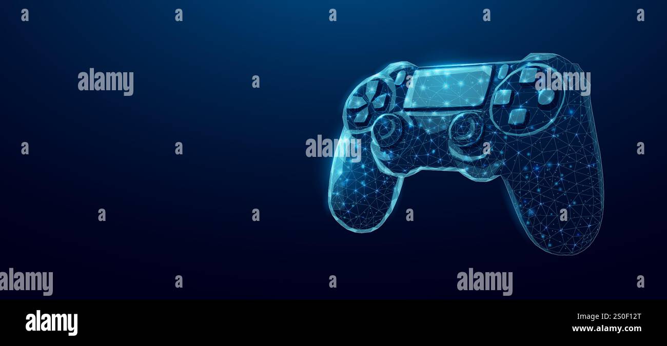 Gaming controller, glowing blue lowpoly wireframe joystick on a dark background. Vector illustration design concept for game development technology Stock Vector
