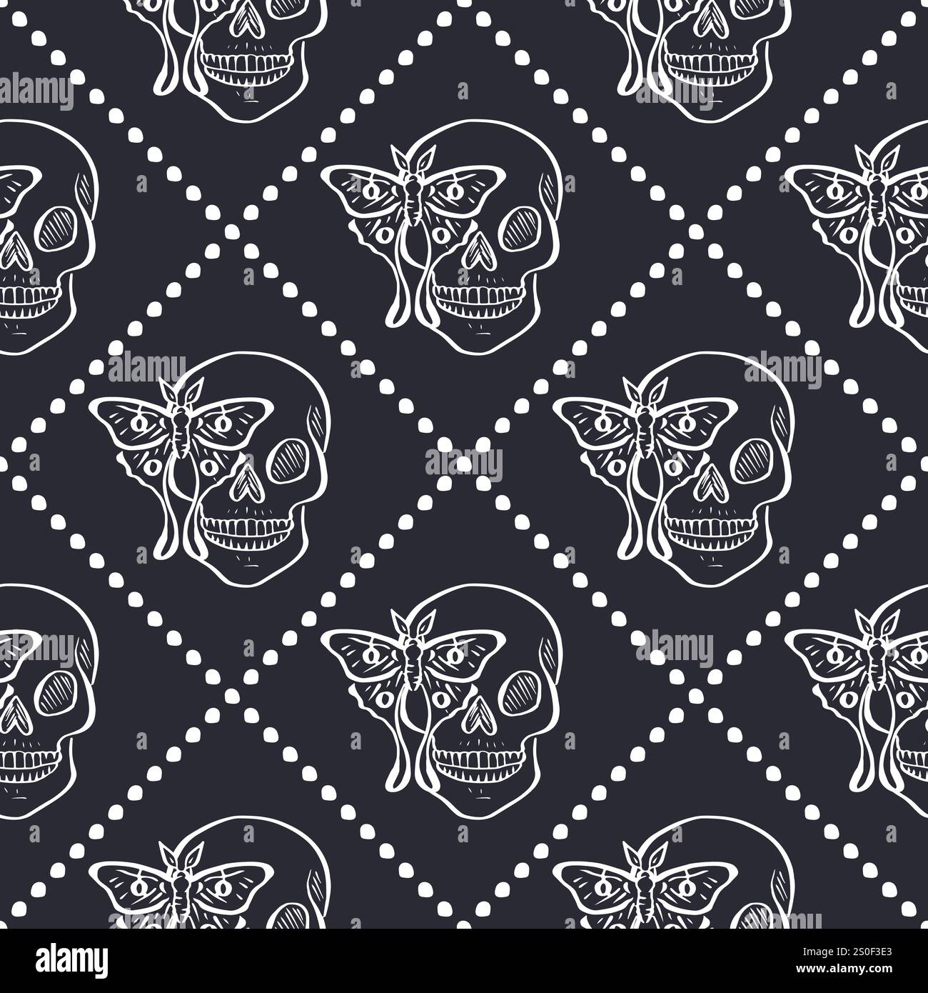 Seamless pattern with hand drawn black and white human skulls inside trellis Stock Vector