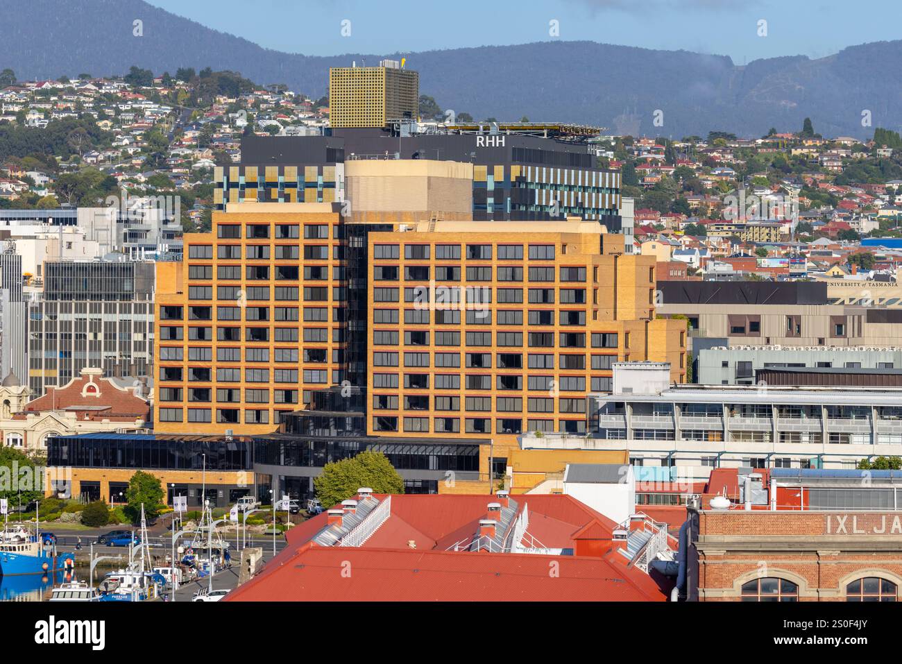 Hobart city centre with view of RHH, Royal Hobart hospital a public ...