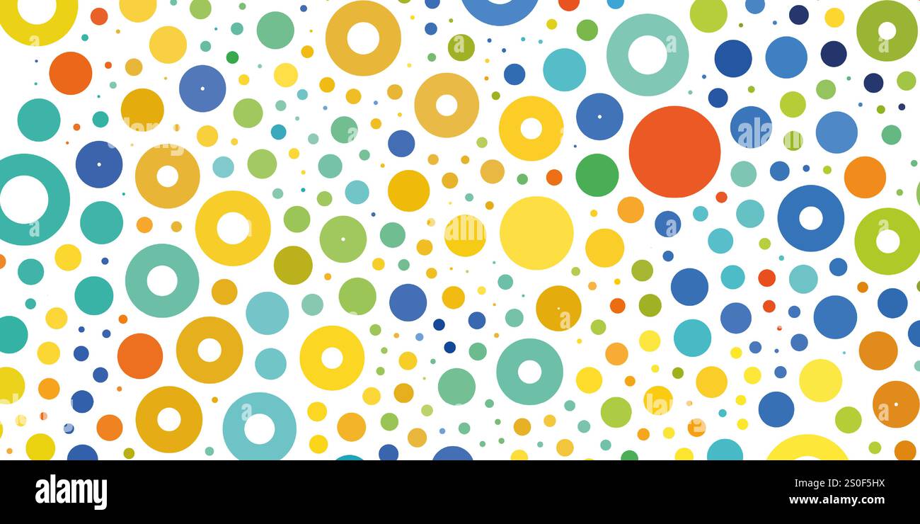 Abstract Colorful Spotted Pattern - Random Placed Spots, Rings and Circles of Various Sizes, Texture with Copyspace, Generative Art, Vector Design on Stock Vector