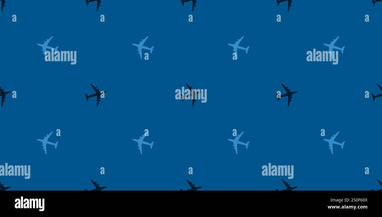 Seamless Airplane Symbols Pattern on Wide Scale Blue Background - Design Template in Editable Vector Format Stock Vector