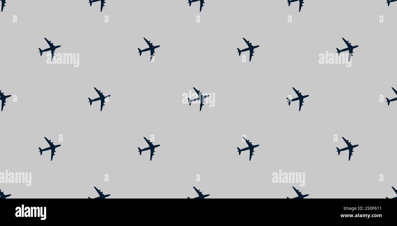 Seamless Airplane Symbols Pattern on Wide Scale Gray Background - Design Template in Editable Vector Format Stock Vector