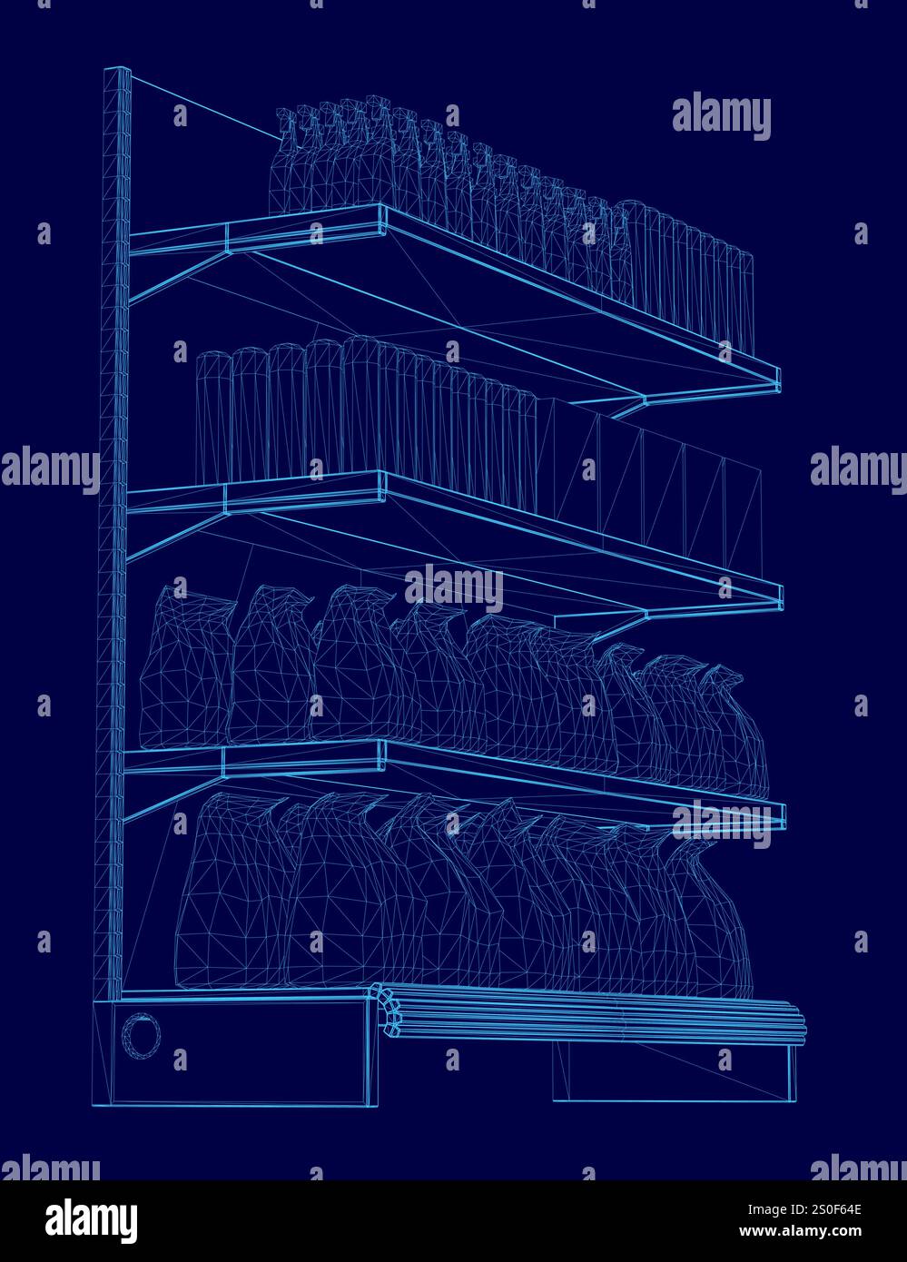 Blue image of a store shelf with many books on it. The shelf is divided ...