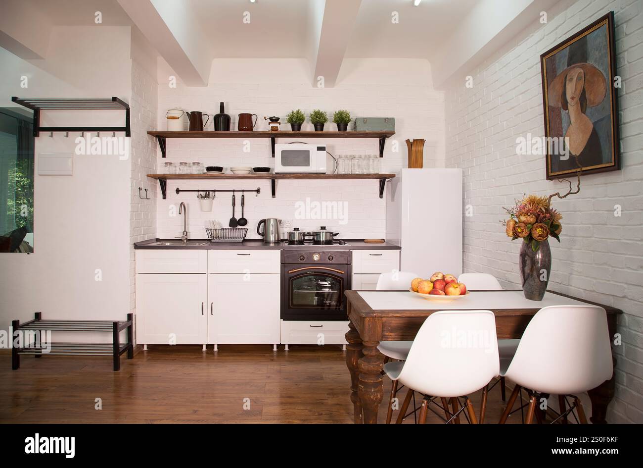 Modern kitchen interior with white brick wall and wooden floor Stock ...