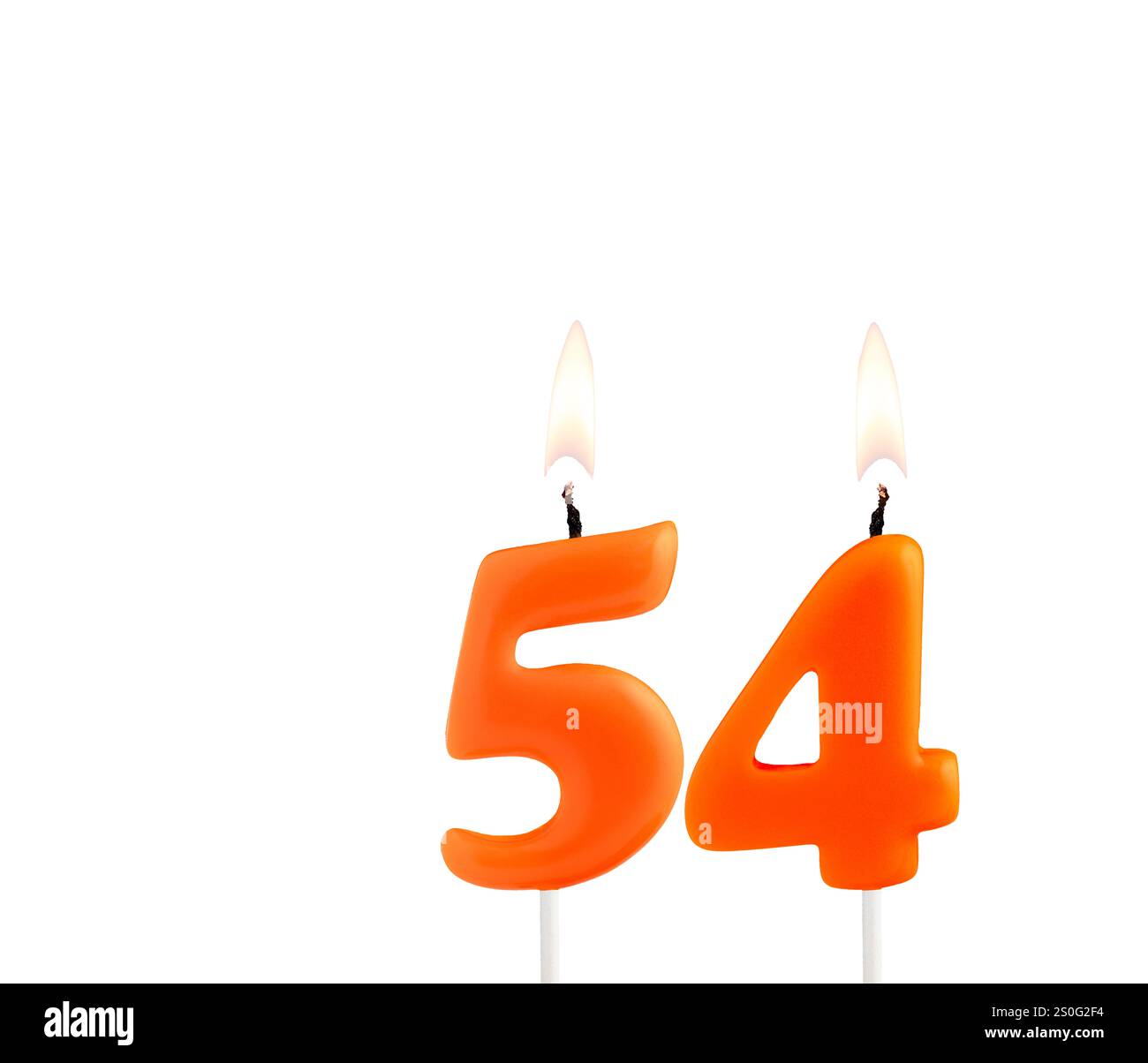 Orange birthday candle on white background - Number 54 Stock Photo - Alamy