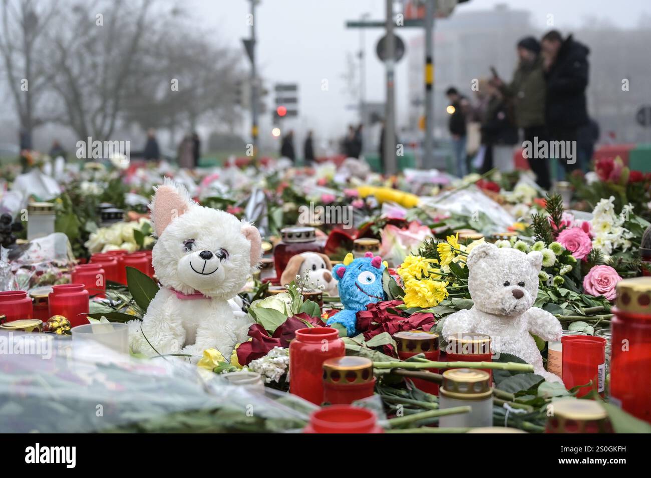 28 December 2024, Saxony-Anhalt, Magdeburg: Cuddly toys, candles and
