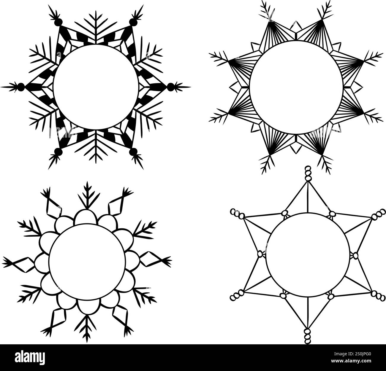 Set of round circle snowflake frames, graphic line vector circles circular empty borders, isolated graphic design winter elements Stock Vector