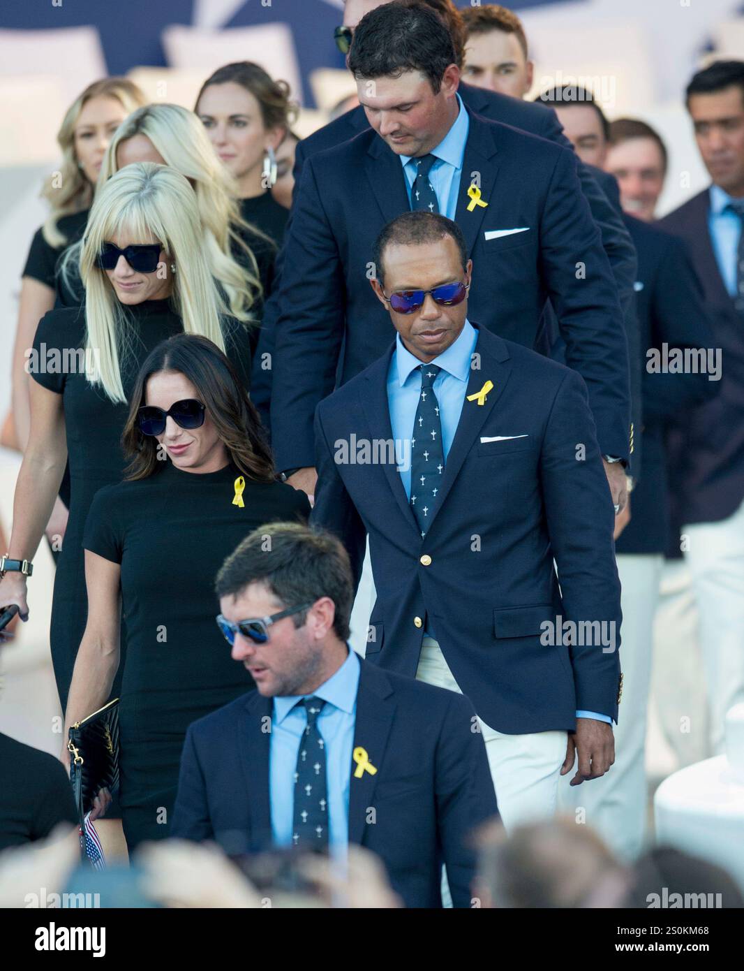 Sep 27, 2018; Paris, FRA; Tiger Woods and Erica Herman leave the stage