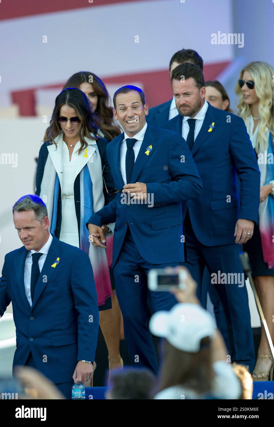 Sep 27, 2018; Paris, FRA; Sergio Garcia and wife Angela leave the stage after the 2018 Ryder Cup Opening Ceremony at Le Golf National. Stock Photo