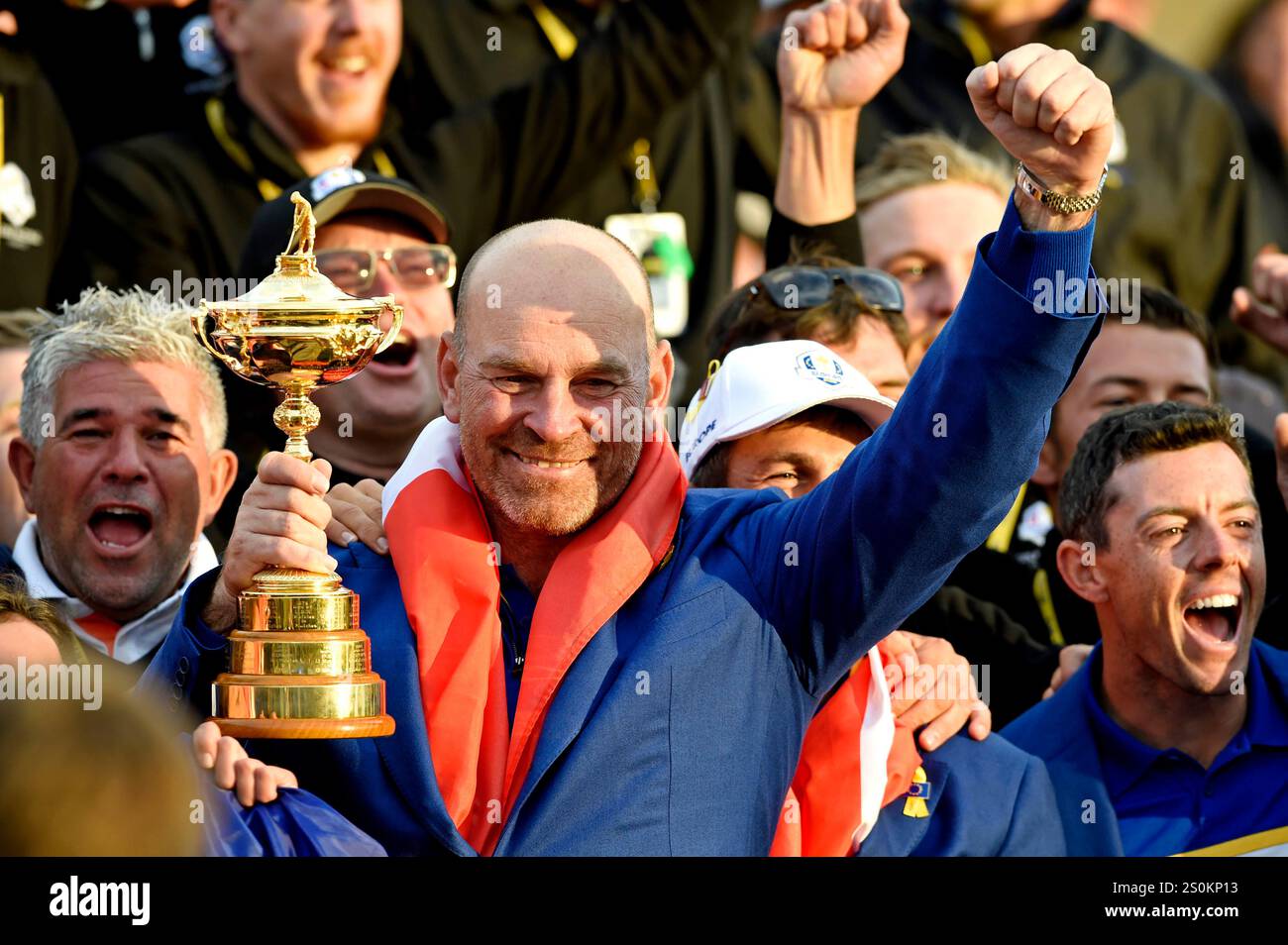 Sep 30, 2018; Paris, FRA; Europe captain Thomas Bjorn celebrates after the Ryder Cup Sunday singles matches at Le Golf National. Stock Photo