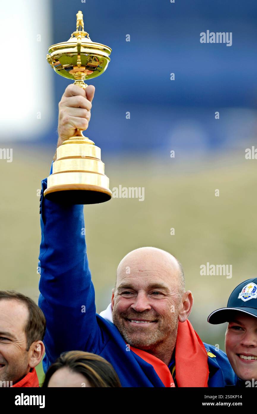 Sep 30, 2018; Paris, FRA; Europe captain Thomas Bjorn celebrates after the Ryder Cup Sunday singles matches at Le Golf National. Stock Photo