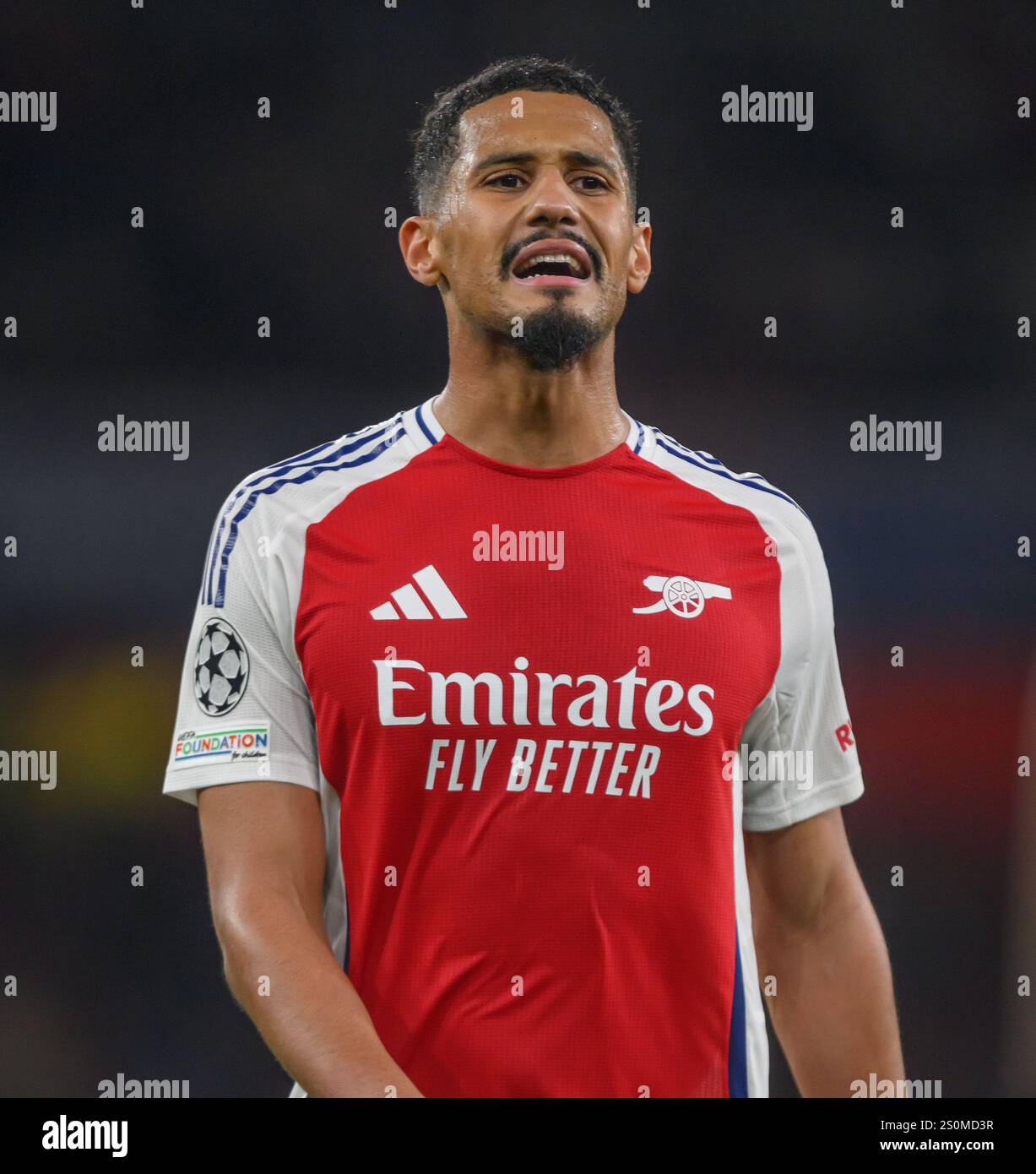 London, UK. 22nd Oct, 2024. Arsenal v Shakhtar Donetsk - UEFA Champions League - Emirates Stadium.                                    Arsenal's William Saliba in action.                                                 Picture Credit: Mark Pain / Alamy Live News Stock Photo