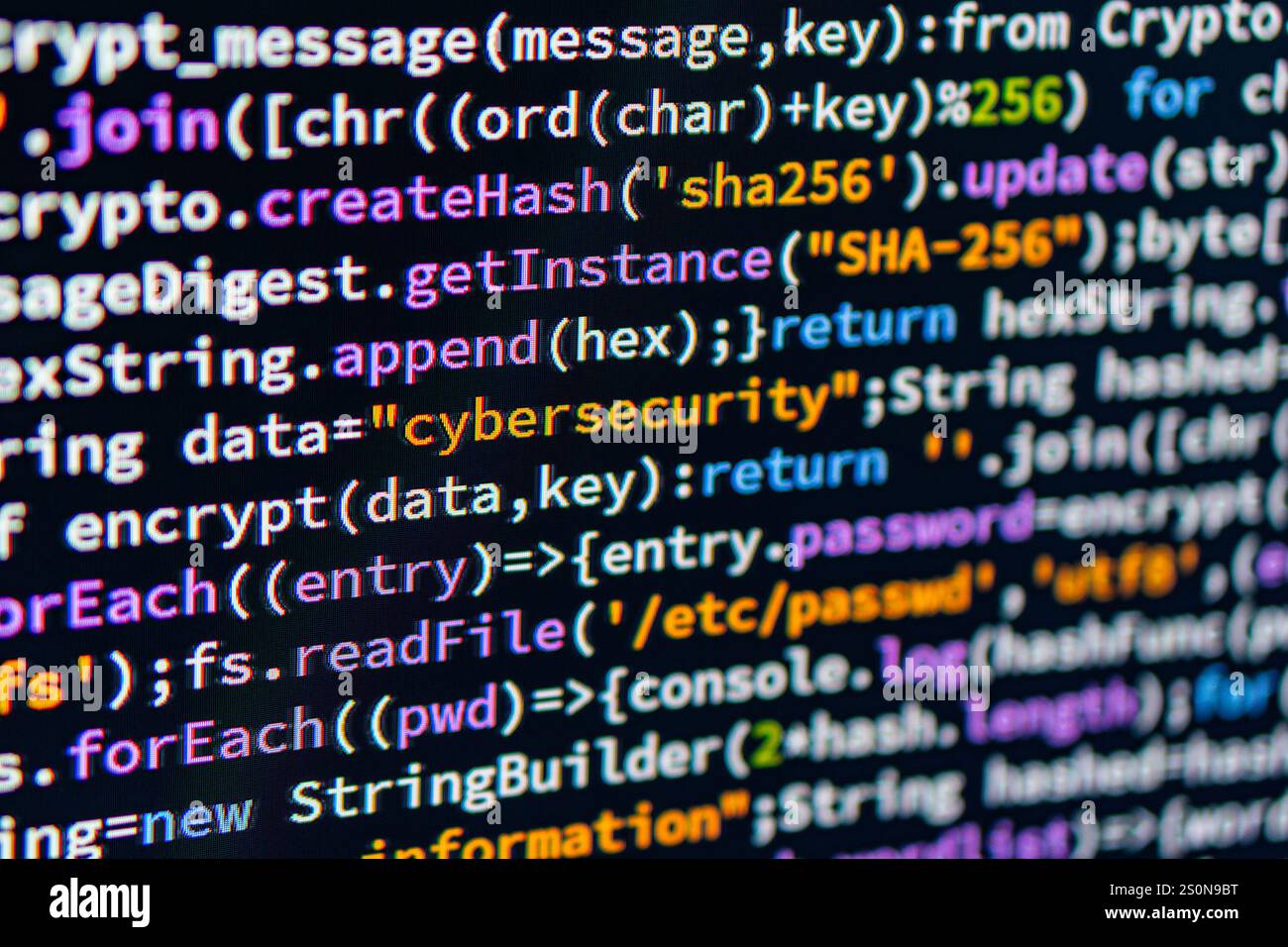 Cybersecurity. The image shows lines of computer code or binary data written in a script or file. Stock Photo