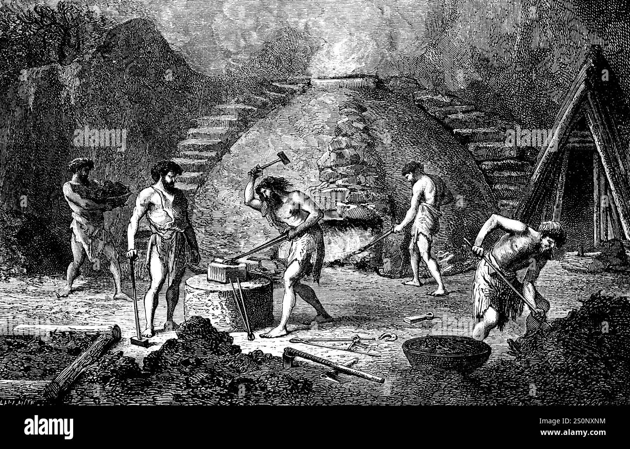Melting iron in Bernese Jura area, Melting oven and men forming hot iron, Iron age, Alps,Switzerland, historic illustration 1880 Stock Photo