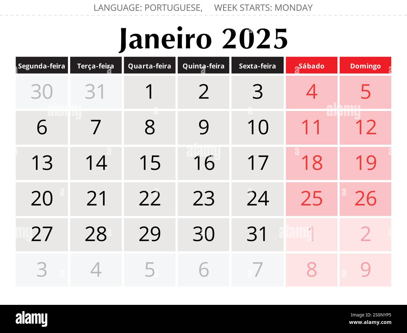 January portuguese annual calendar for 2025 year vector illustration