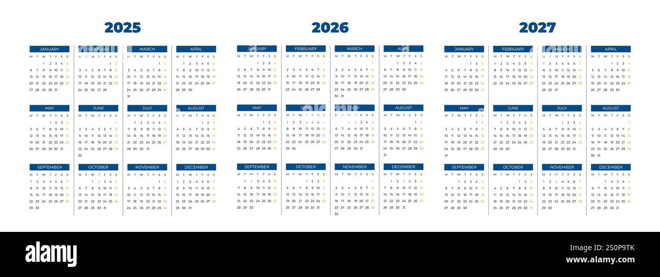 Blue 2025 2026 and 2027 Monthly Calendar Design Stock Vector Image