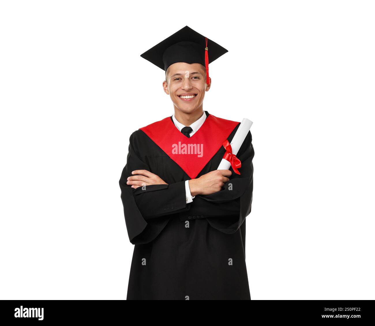 Happy student with diploma after graduation on white background Stock ...