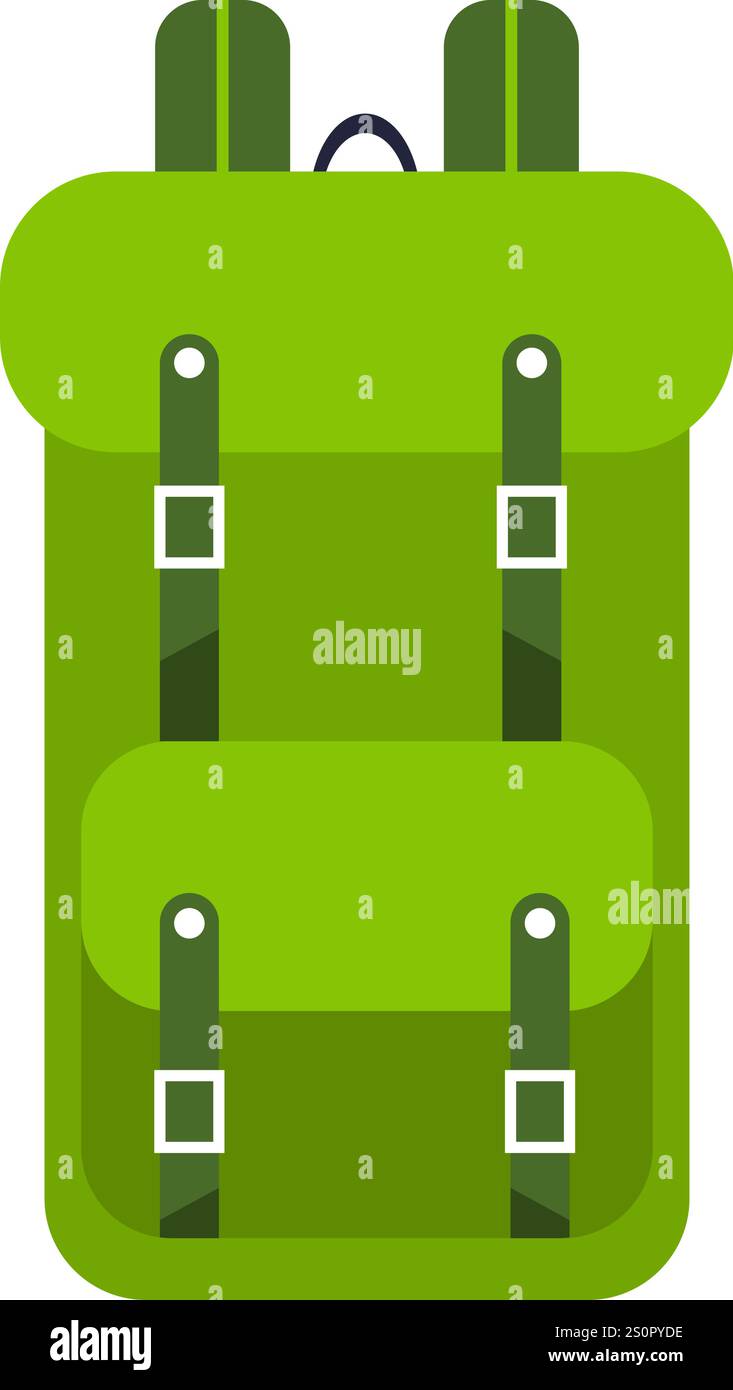 Green backpack featuring adjustable straps and multiple compartments, ideal for hiking, camping, and various outdoor activities, ensuring practicality Stock Vector