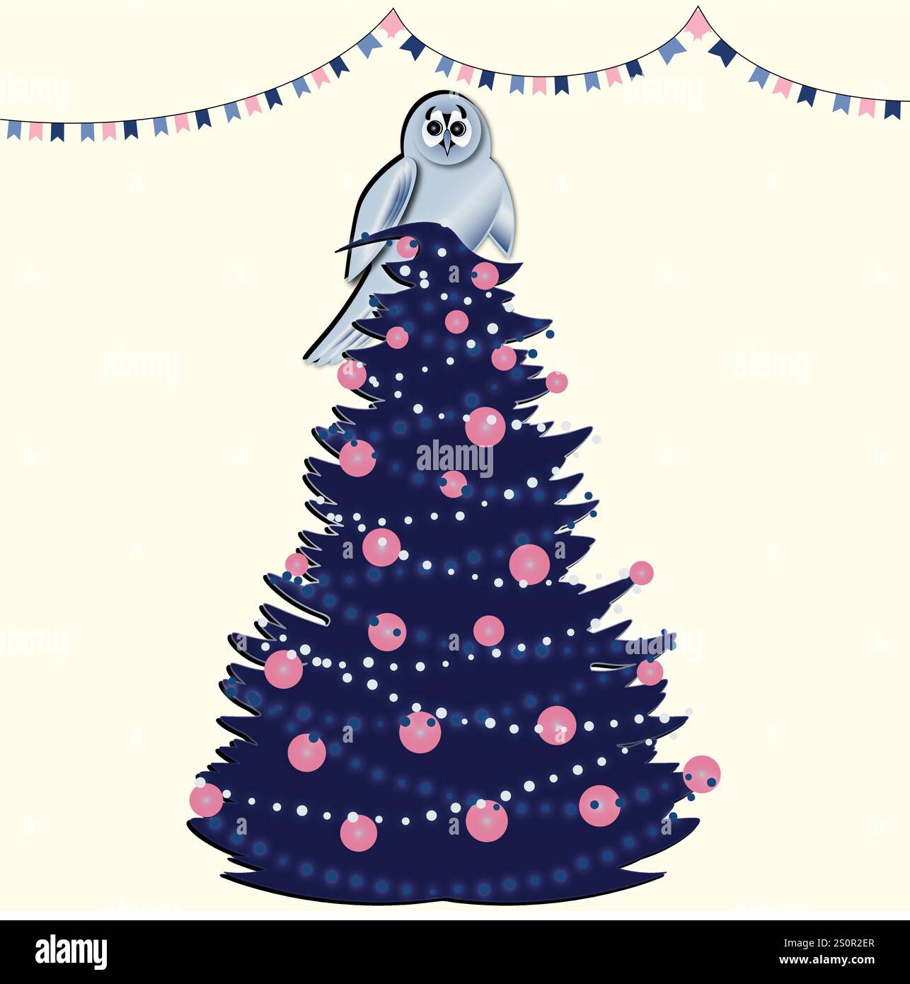 Illustration on a square background for a New Year or Christmas card. Vector, minimalism. The owl flew into the house and sat on top of a Christmas tree. The holiday is coming to us. Happy New Year. Merry Christmas. Cute, childish. Birdie. - Stock Image