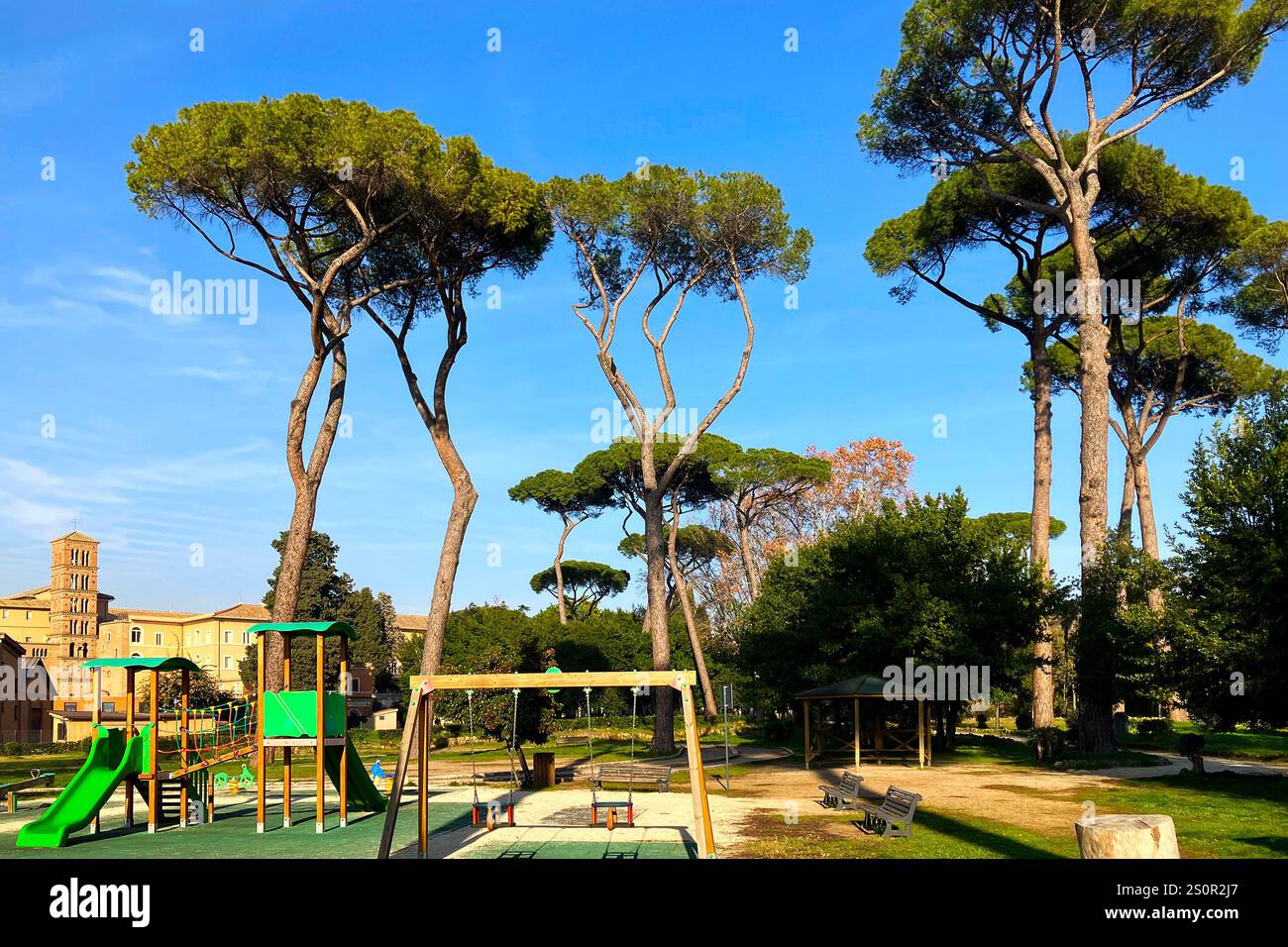 Children's playground in Villa Celimontana, a historic park in Rome, Italy - Smartphone Captured Stock Image