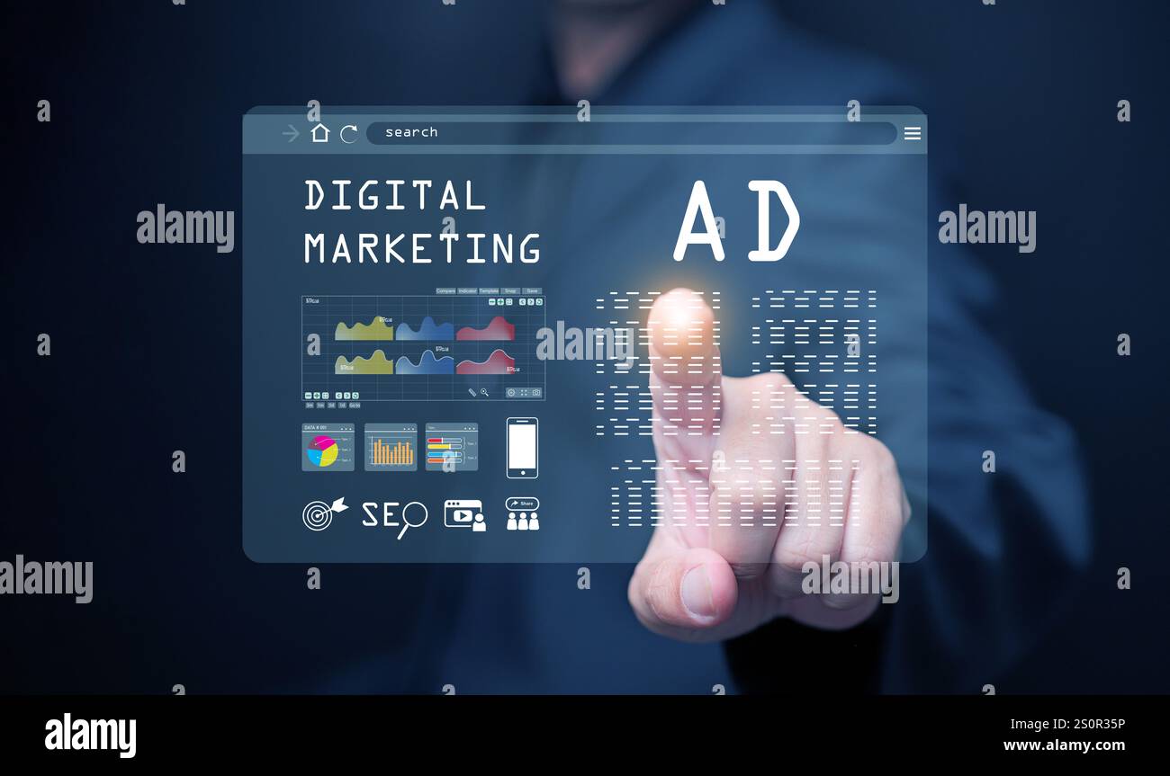 Digital marketing and advertising. A man works on online advertisement and digital ad, using his smartphone. Stock Photo