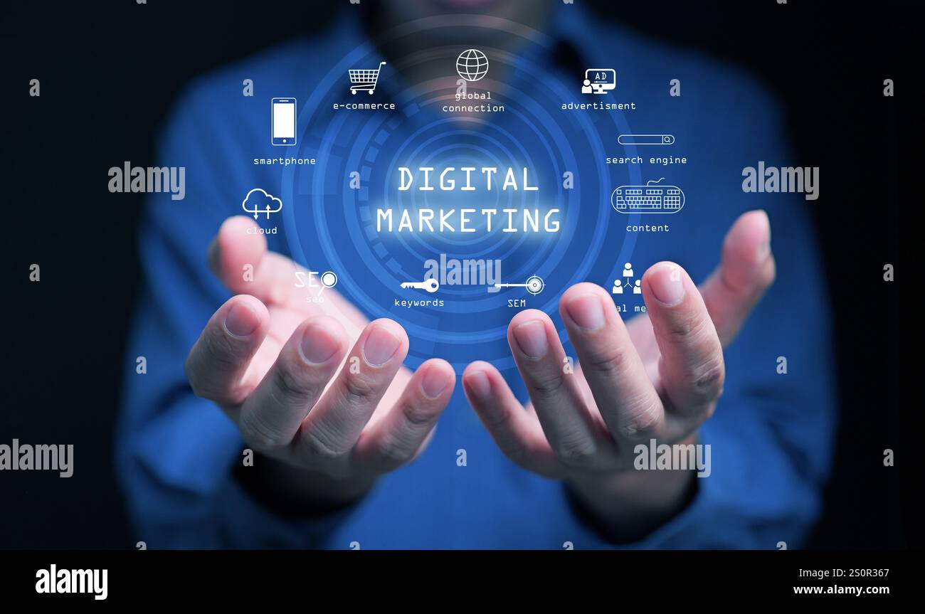 Digital marketing and advertising. A man uses on online advertisement and digital ad, many icons on a virtual screen. Stock Photo