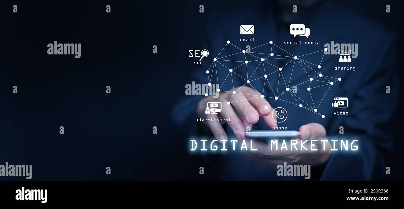 Digital marketing and advertising. A man works on online advertisement and digital ad, using his smartphone. Stock Photo