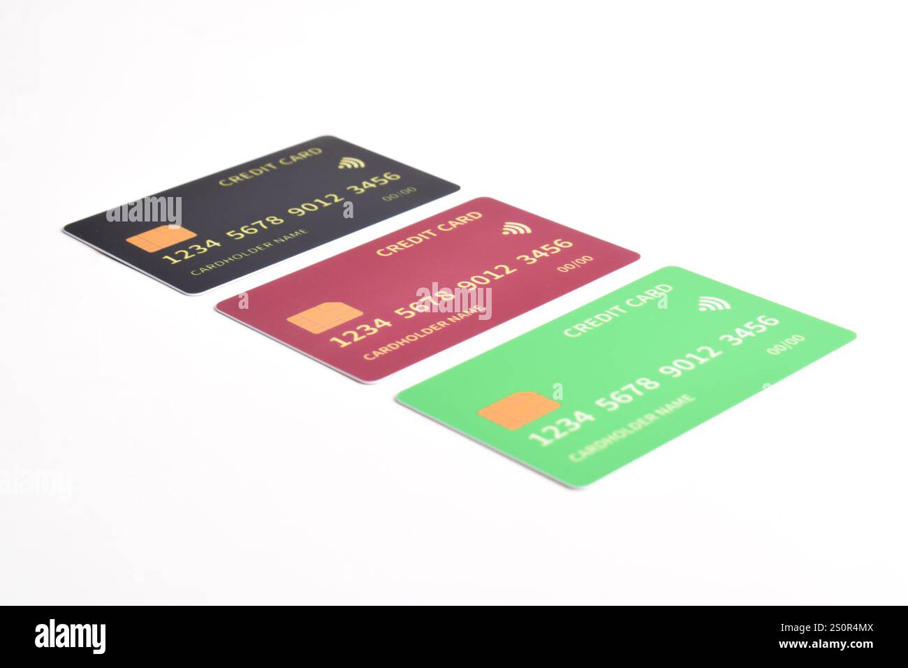 Three credit cards with chip on white background. Green, red, black ...