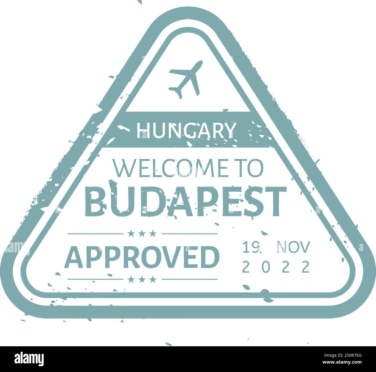 Triangular teal grunge stamp welcoming visitors to Budapest, Hungary, Europe, featuring an airplane icon, capturing the essence of travel and Stock Vector