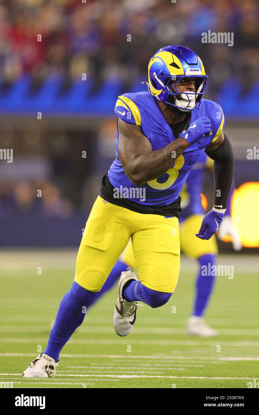 Los Angeles Rams linebacker Jared Verse (8) defends during the first ...