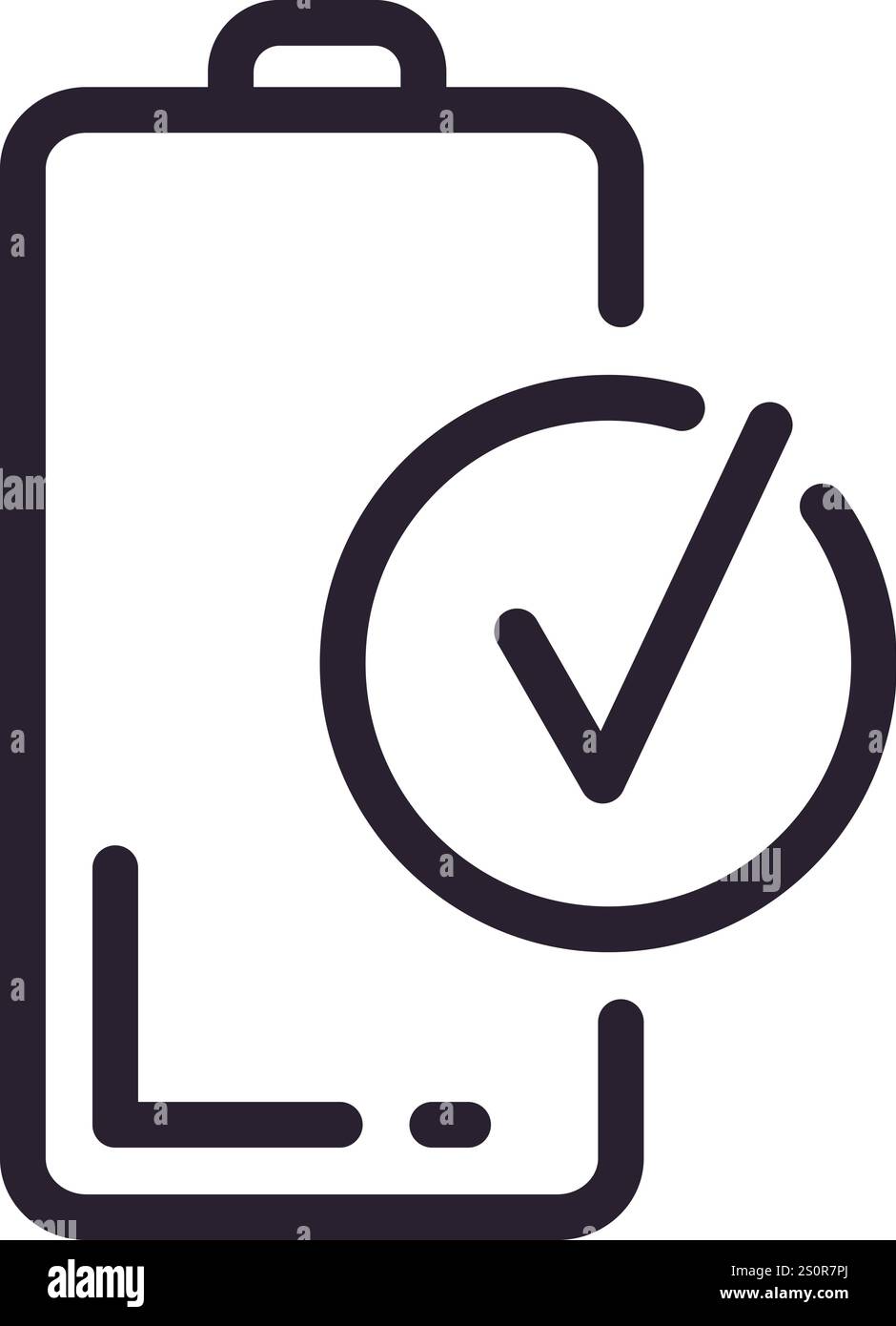 Simple line drawing depicting a battery icon featuring a check mark ...