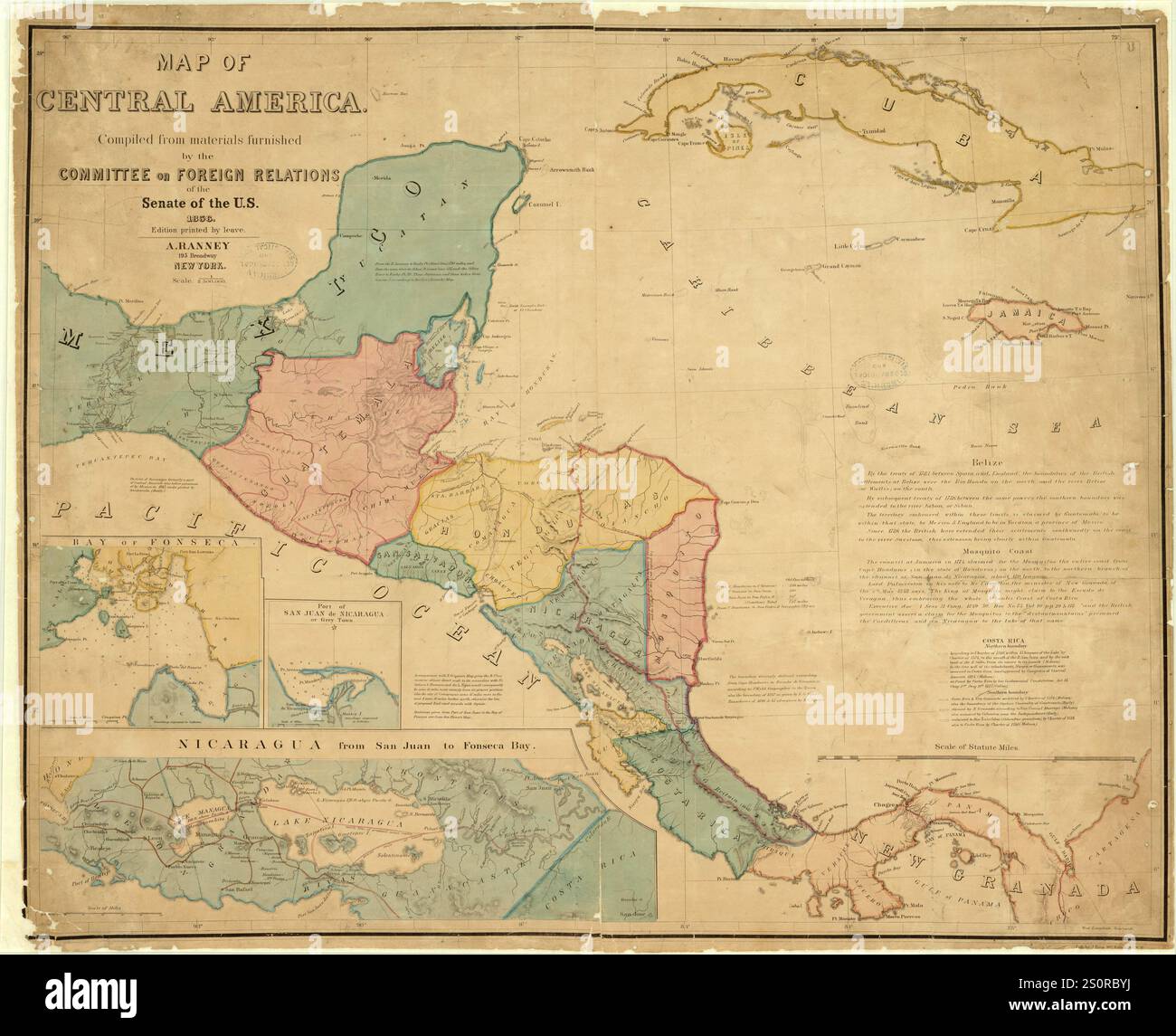 Vintage 1856 color map of Central America created by the United States Coast and Geodetic Survey Stock Photo