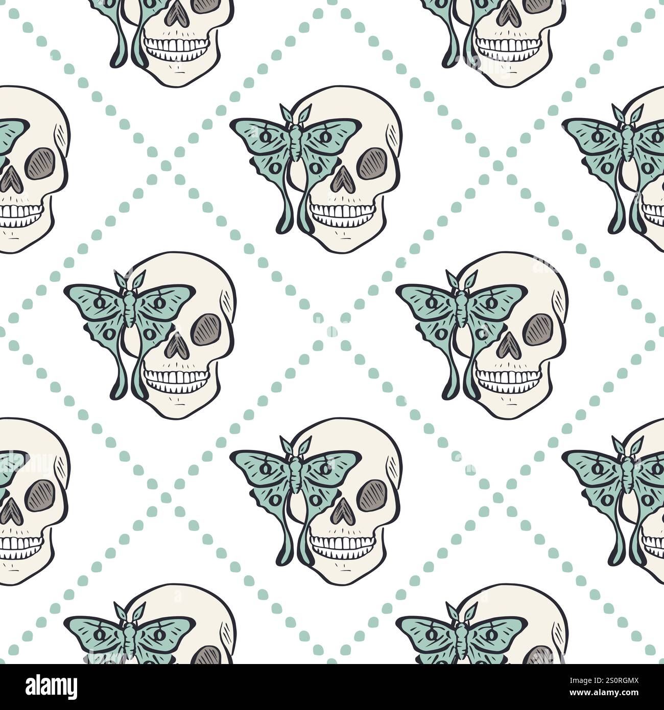 Seamless pattern with hand drawn human skulls and luna moths, inside trellis Stock Vector