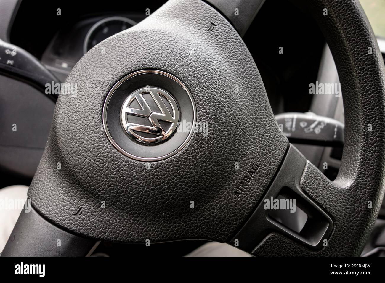 STAVANGER, NORWAY - AUGUST 8, 2016: Detail of steering wheel of Volkswagen Transporter T5 car Stock Photo