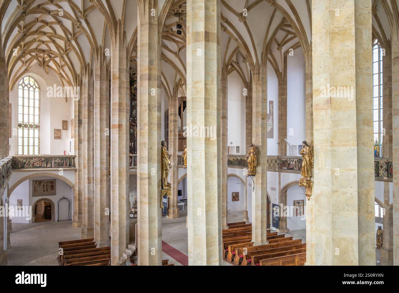 The Church of the Assumption of the Virgin Mary in Most boasts soaring pillars and detailed arches in late Gothic style, highlighting its architectural beauty and serene atmosphere. Stock Photo