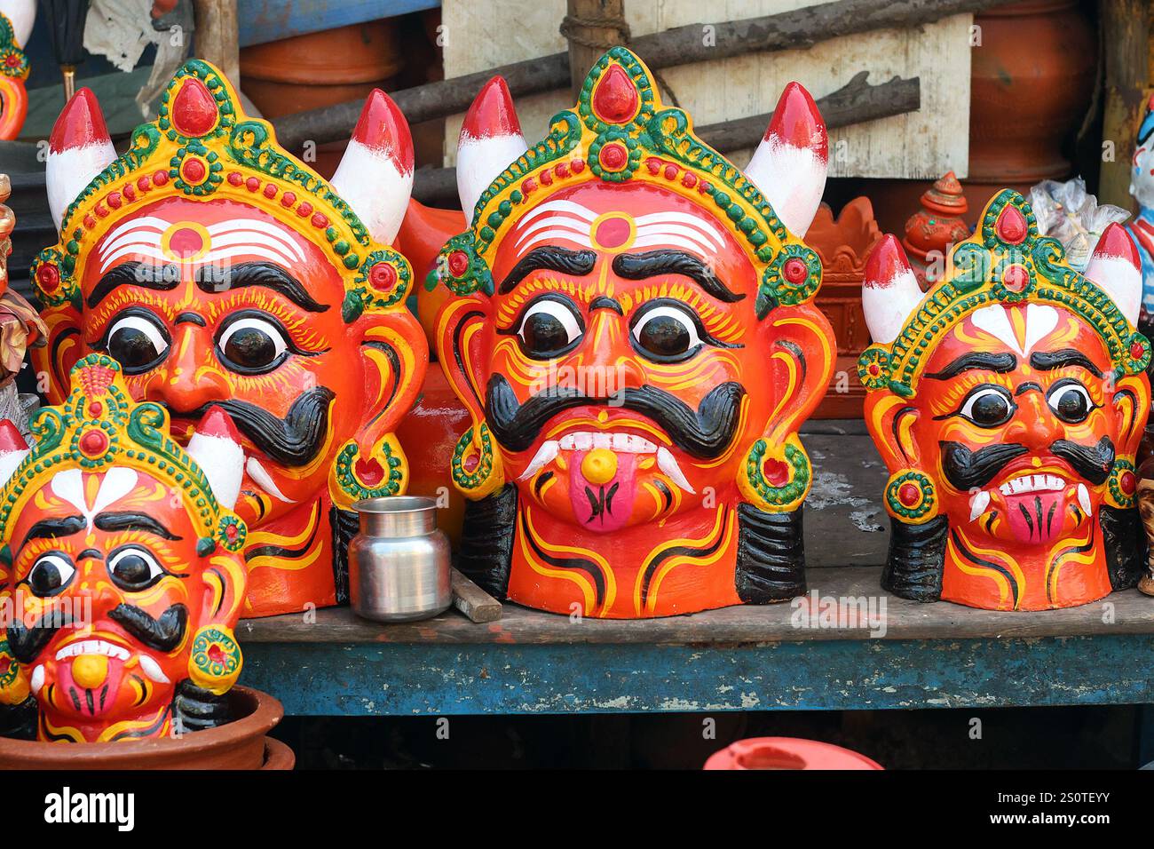 Evil eye masks for sale in Pondicherry, Tamil Nadu, India Stock Photo
