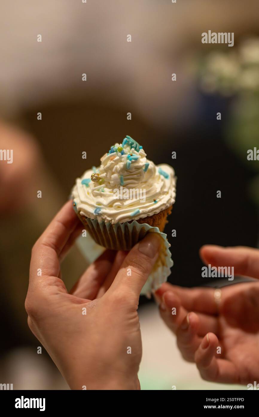 , Deutschland, 28.12.2024,  Ein liebevoll dekorierter Cupcake mit Sahne-Topping und bunten Streuseln wird in der Hand gehalten – ein süßer Genussmomen Stock Photo