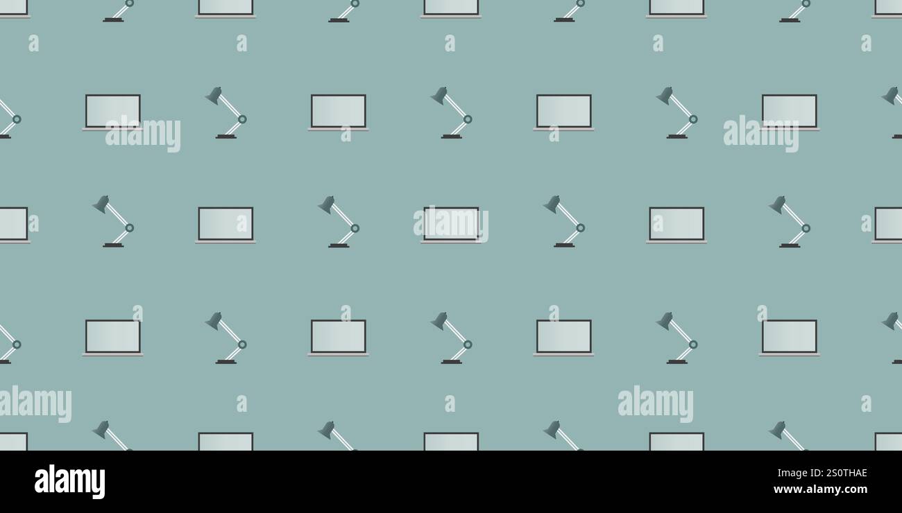 Seamless Pattern - Set of Laptop Computer and Desktop Reading Lamp Objects - Side View, Vector Design on Green Background Stock Vector