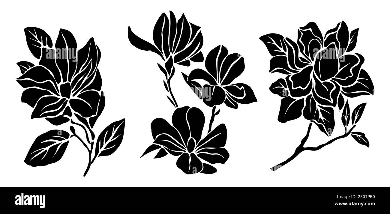 Set of Black silhouettes of decorative magnolia Stock Vector Image ...