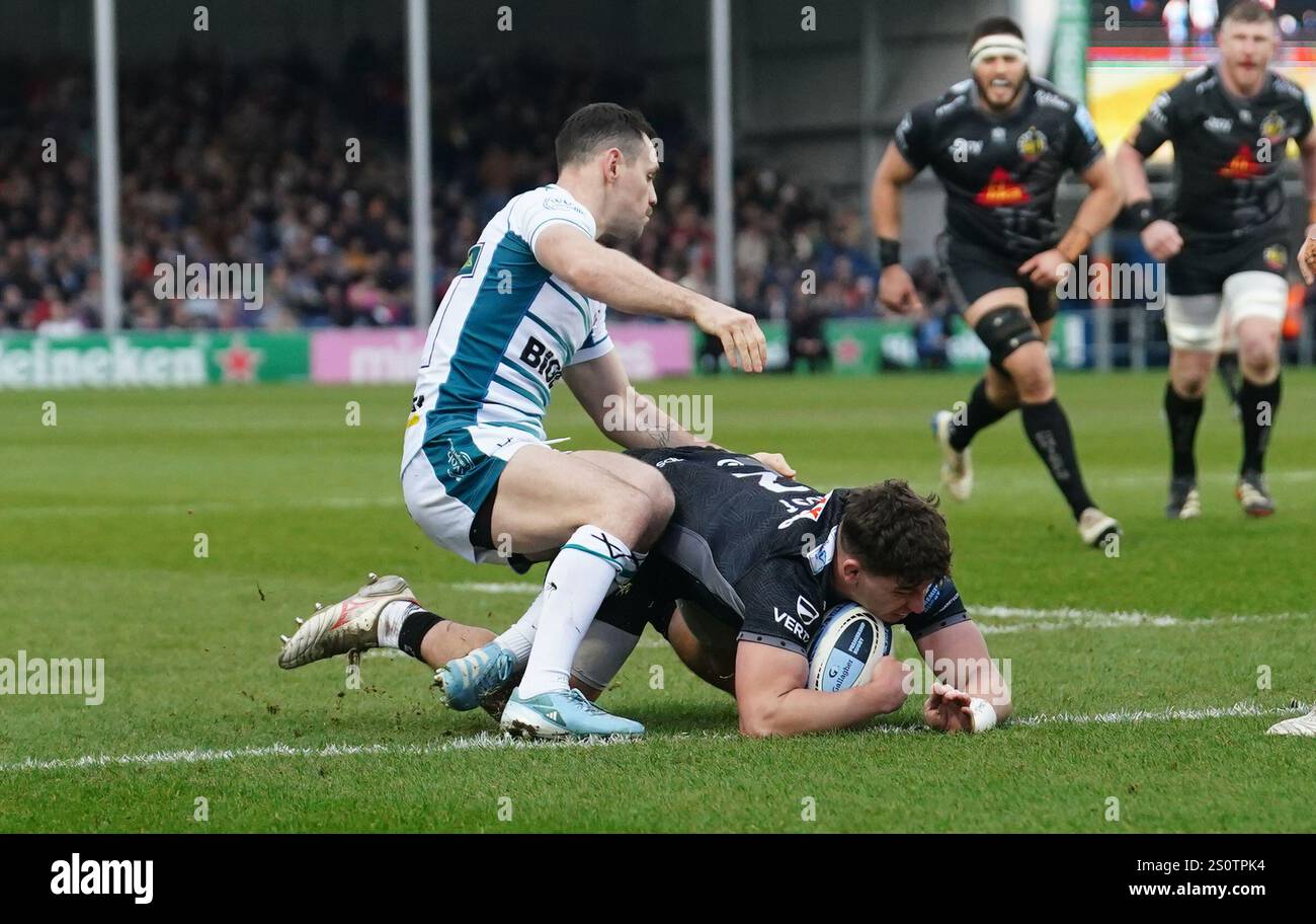 Exeter Chiefs Dan Frost scores their first try during the Gallagher