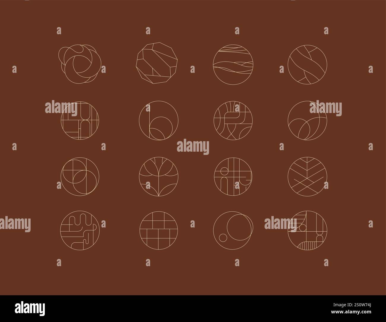 Circle shape icons drawing linear art style on brown background Stock Vector