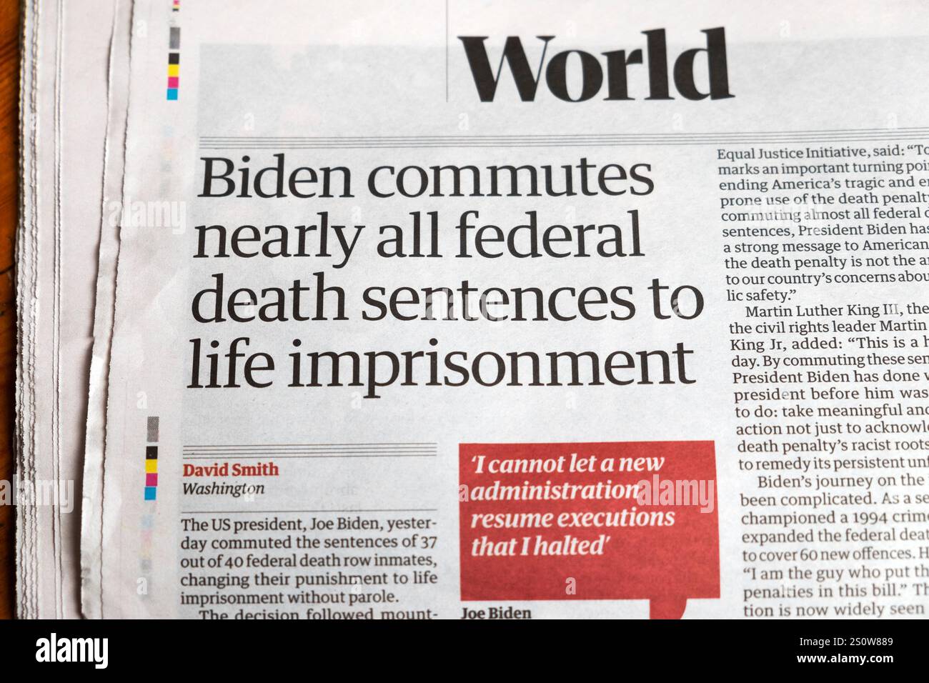 President Joe 'Biden commutes nearly all federal death sentences to life imprisonment' Guardian newspaper headline 24 December 2024 London England UK Stock Photo