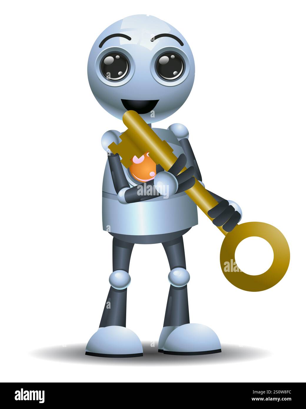 3D illustration of a little robot worker carry key on isolated white ...