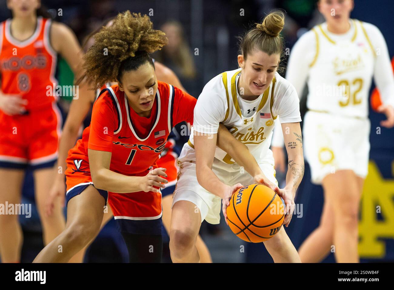 Virginia guard Paris Clark, left, and Notre Dame guard Emma Risch ...