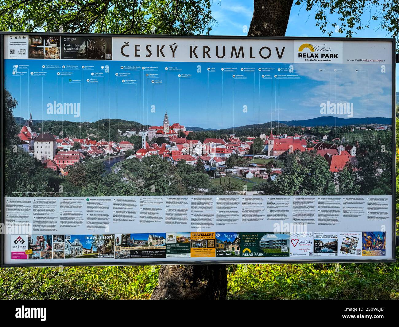 Panoramic Information Photo of Cesky Krumlov at Scenic Overlook, Czech Republic, Czechia. Stock Photo