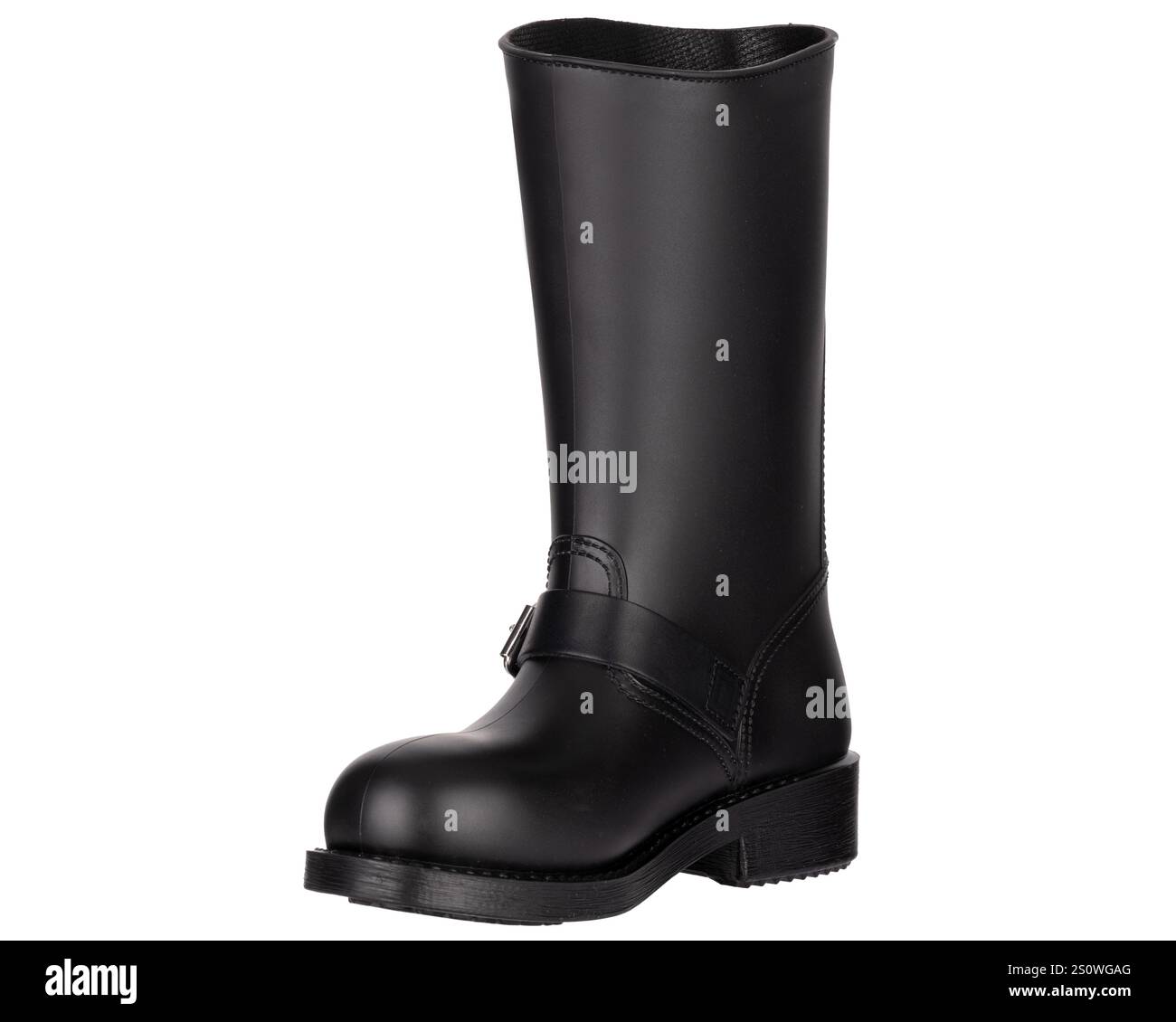 Black Leather Boot with Metal Buckle Stock Photo